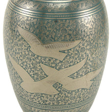 Nickel Brass Extra Large Pet Urn with Going Home Engraved Birds - Artistic