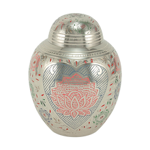 Silver Brass Large Urn with Pink Lotus Floral Etching