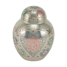 Silver Brass Small Urn with Pink Lotus Floral Etching
